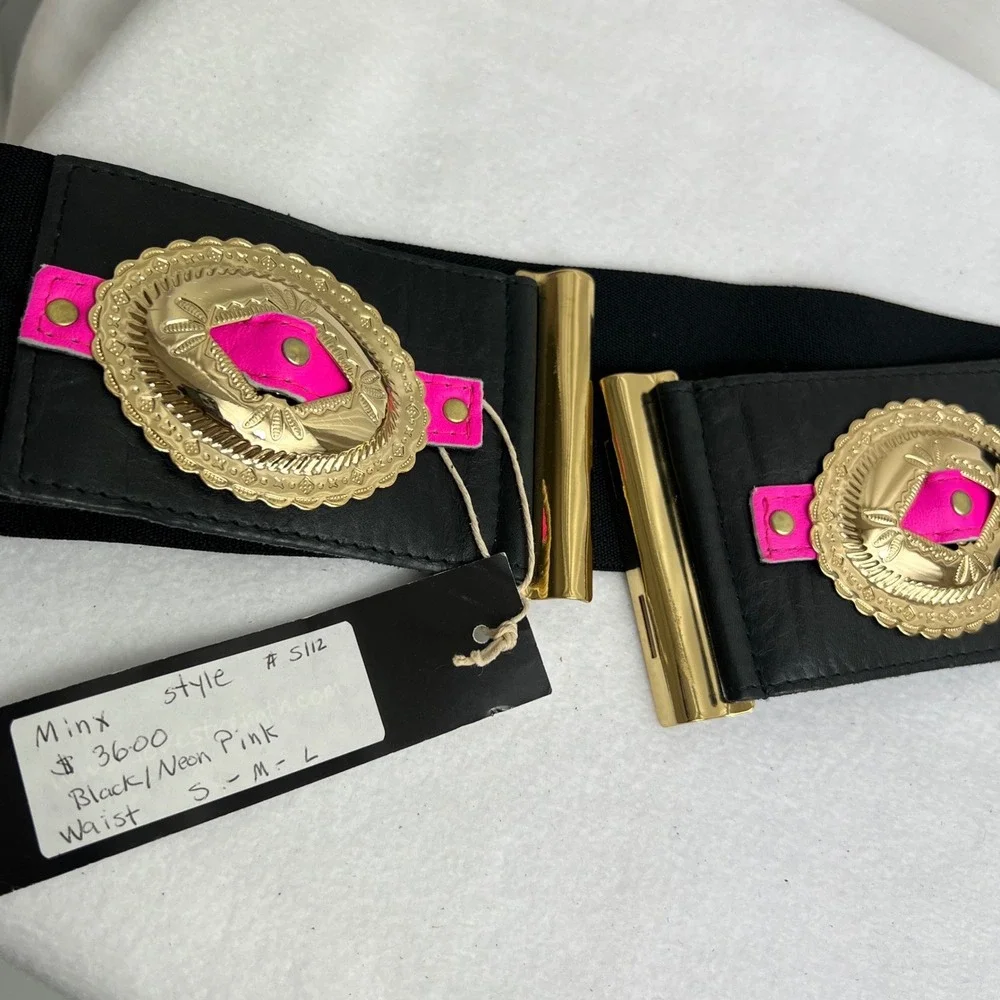 Lovestrength‎ Minx Belt Black Neon Pink Gold Concho Elastic Waist S112 NWT